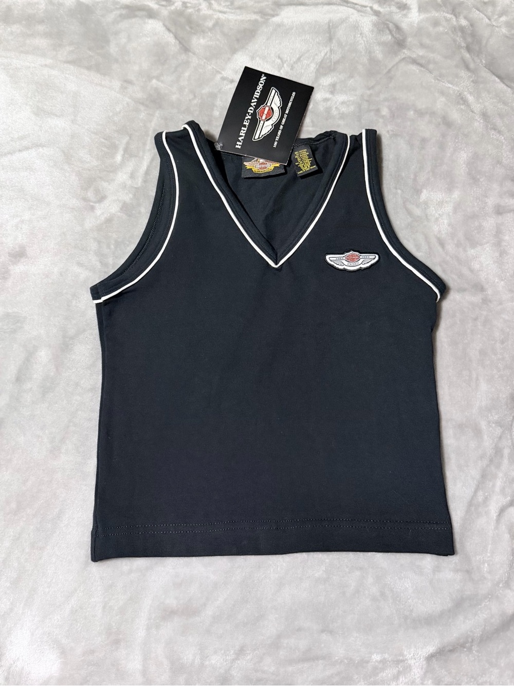 Harley-Davidson Black V-Neck Tank with White Trim and Logo Patch - Picture 2 of 7